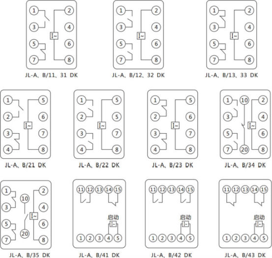 JL-A、B/12 DK無輔源電流繼電器內(nèi)部接線及外引端子圖（正視圖）