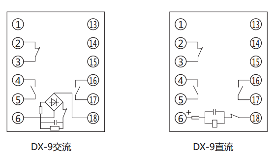 DX-9閃光信號繼電器內(nèi)部接線及外引接線圖