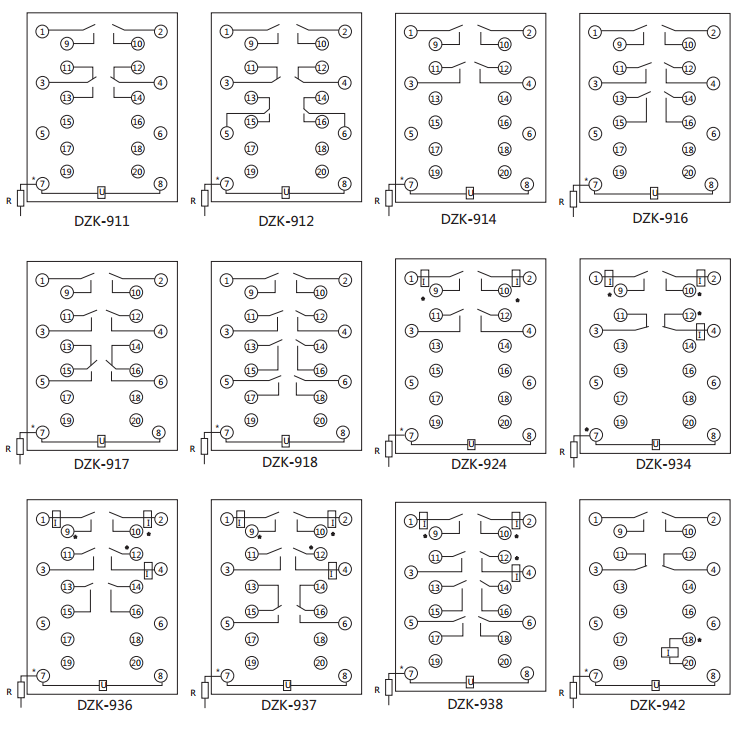 DZK-918快速中間繼電器內(nèi)線接線及外引接線圖(正視圖)