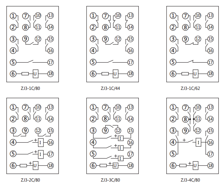 ZJ3-2C/80快速中間繼電器內(nèi)部接線圖及外引接線圖(正視圖)