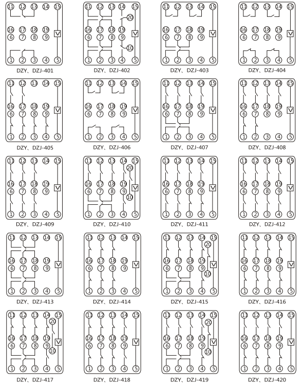 DZY（J)-401導(dǎo)軌式中間繼電器內(nèi)部端子外引接線圖(正視)