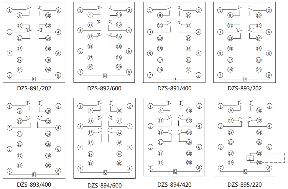 DZS-891延時(shí)中間繼電器內(nèi)部接線圖及外引接線圖（背視）